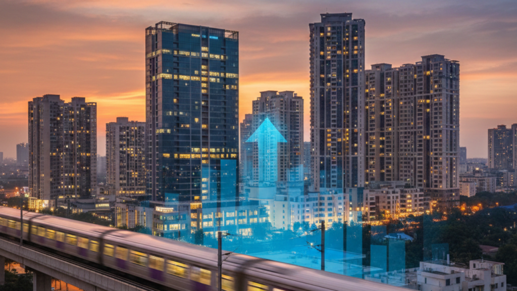 Panoramic view of the Whitefield Bengaluru skyline at sunset featuring the Namma Metro Purple Line train on an elevated track with modern ITPL glass office buildings and luxury residential high-rises in the background.