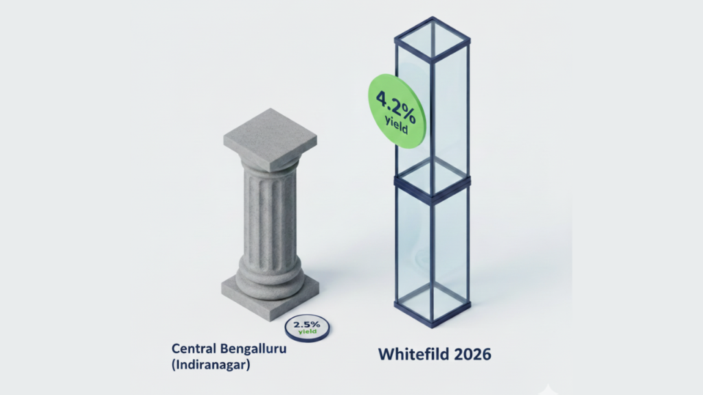 3D bar chart comparing real estate investment yields in Bengaluru for 2026; Indiranagar is shown with a 2.5% rental yield while Whitefield displays a significantly higher 4.2% rental yield.