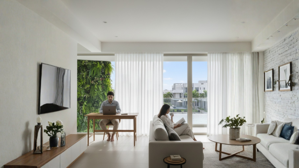 A young tech professional working on a laptop in a sun-lit, modern Whitefield apartment featuring a biophilic balcony garden and a blurred view of a premium luxury clubhouse and swimming pool.