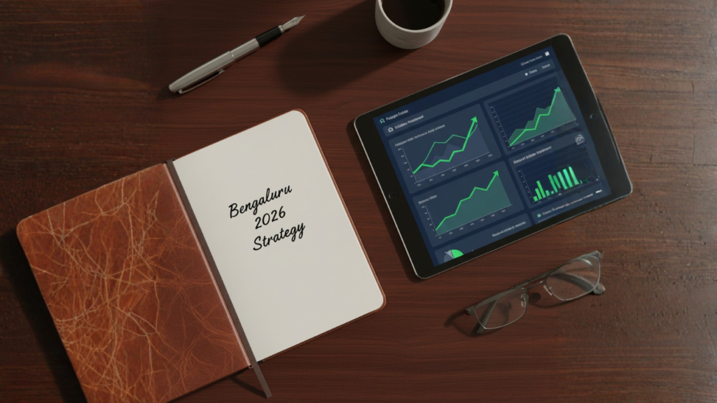 Top-down view of a professional real estate consultant's desk with a notebook titled Bengaluru 2026 Strategy, a luxury pen, and a tablet showing rising investment growth graphs.